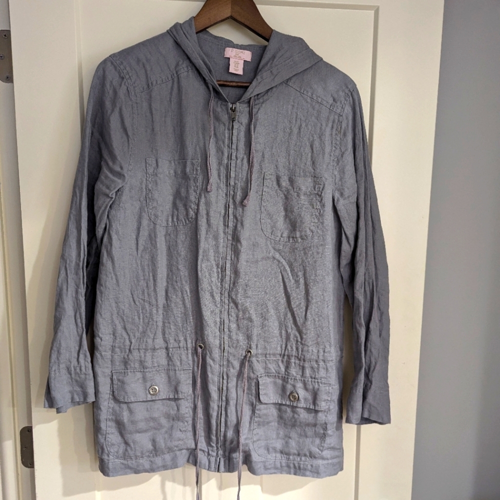 St. Tropez West 100% Linen Gray 🩶 size Medium Zip up Hooded jacke